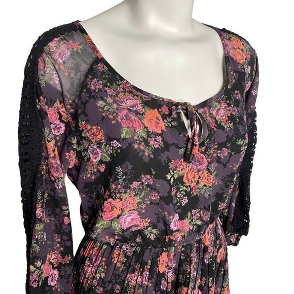 American Rag cie Dress Womens MEDIUM Black Purple Pink Green Long Sleeve Chiffon - Picture 3 of 9